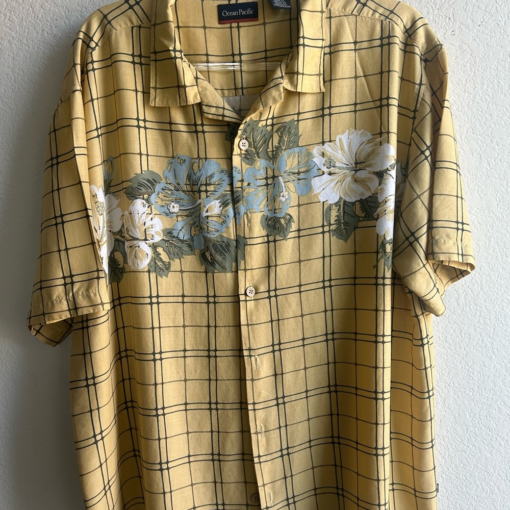 OP Yellow Plaid Hawaiian Floral Men's Shirt